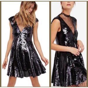 Free People Dance Till Dawn Sequins Mini Dress XS Black Wimsigoth Mesh Fit Flare